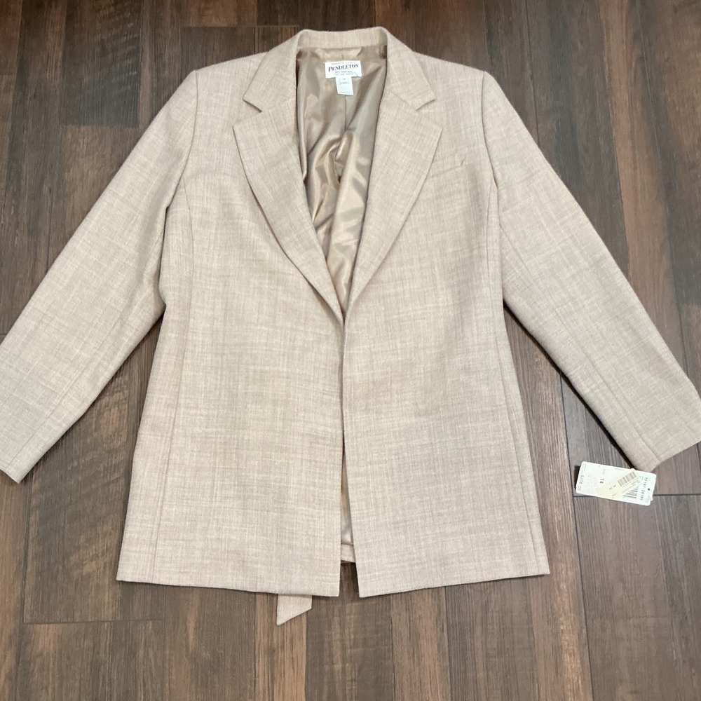 Pendleton Cityscape Wool Blazer Beige Tan Open Front Made in USA Size 14 NEW